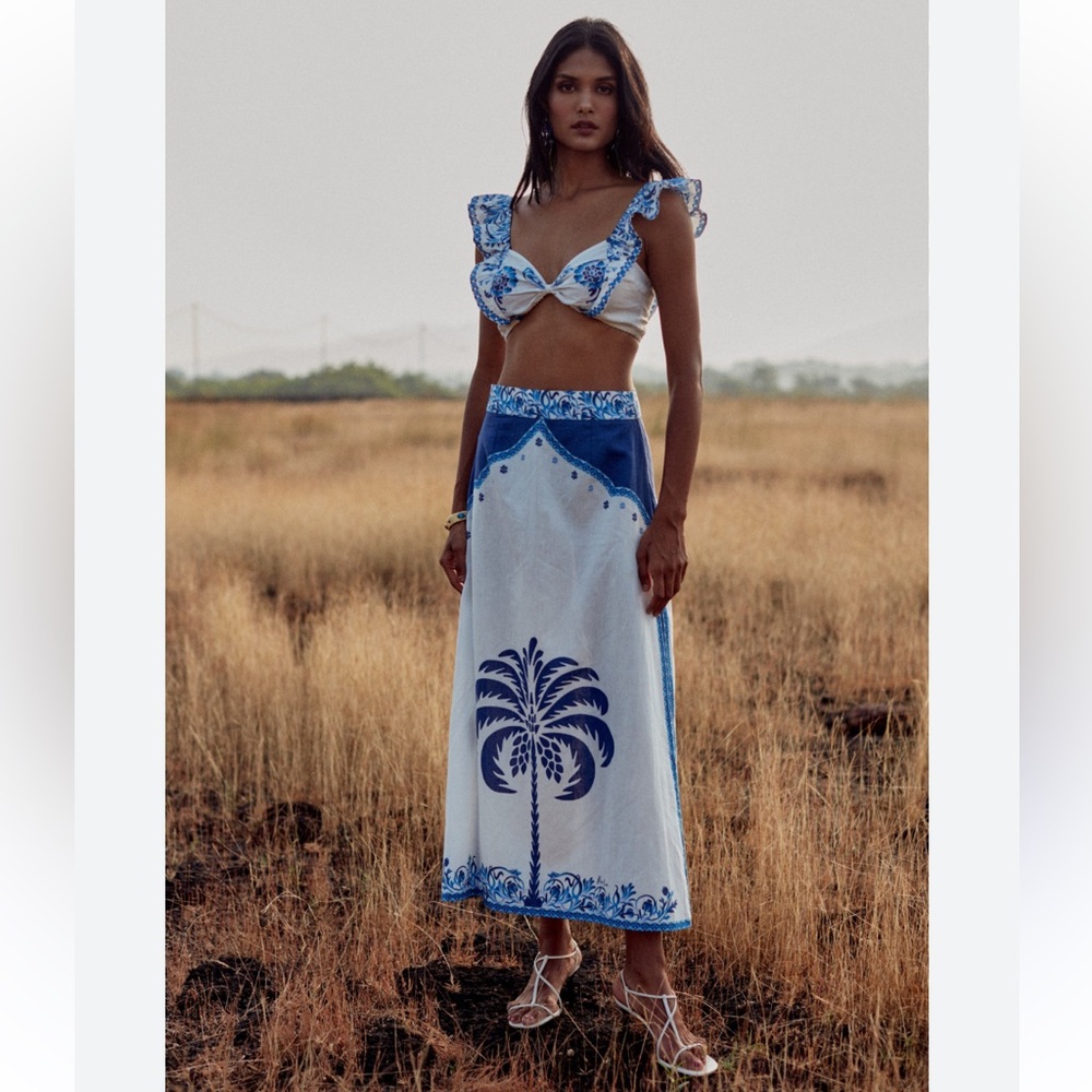 Marlea Monte Carlo Val Skirt Cotton Linen Palm Tree Maxi Blue White Medium NWT